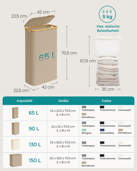 Rootz Laundry Basket - Hamper - Clothes Organizer - Durable 600D Oxford Tissue - 42x22.5x70.5cm - Brown