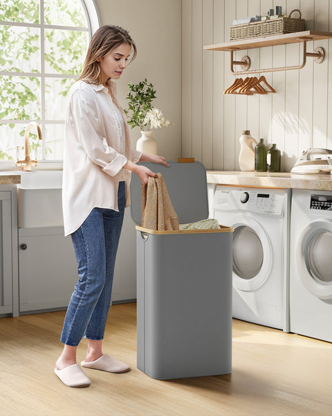 Rootz Portable Dove Gray Laundry Basket - Clothes Hamper - Collapsible Storage Bin - 600D Oxford Fabric - Bamboo Frame - Lightweight - 42cm x 32cm x 70.5cm