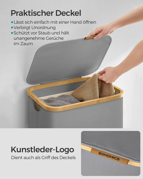 Rootz Portable Dove Gray Laundry Basket - Clothes Hamper - Collapsible Storage Bin - 600D Oxford Fabric - Bamboo Frame - Lightweight - 42cm x 32cm x 70.5cm