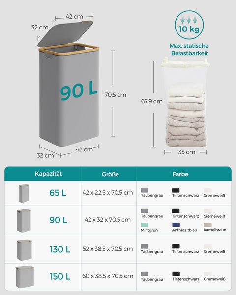 Rootz Portable Dove Gray Laundry Basket - Clothes Hamper - Collapsible Storage Bin - 600D Oxford Fabric - Bamboo Frame - Lightweight - 42cm x 32cm x 70.5cm