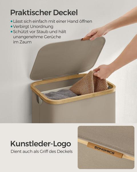 Rootz Portable Laundry Basket - Hamper - Collapsible Storage Bin - 600D Oxford Cloth - Bamboo - Lightweight - Compact - Durable - 42cm x 32cm x 70.5cm