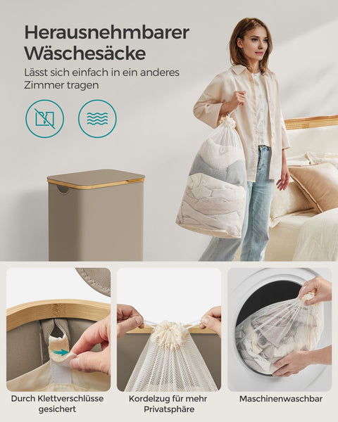 Rootz Portable Laundry Basket - Hamper - Collapsible Storage Bin - 600D Oxford Cloth - Bamboo - Lightweight - Compact - Durable - 42cm x 32cm x 70.5cm