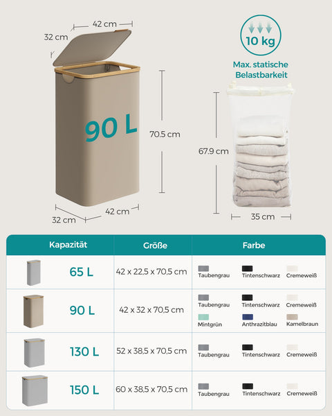 Rootz Portable Laundry Basket - Hamper - Collapsible Storage Bin - 600D Oxford Cloth - Bamboo - Lightweight - Compact - Durable - 42cm x 32cm x 70.5cm