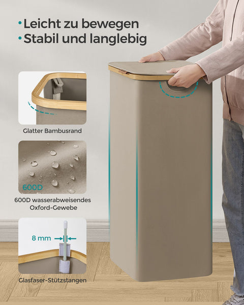 Rootz Portable Laundry Basket - Hamper - Collapsible Storage Bin - 600D Oxford Cloth - Bamboo - Lightweight - Compact - Durable - 42cm x 32cm x 70.5cm