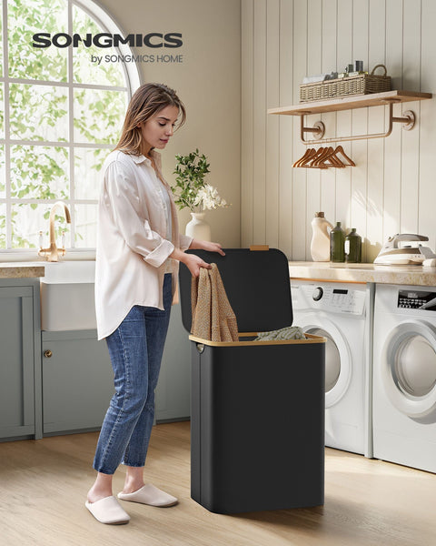 Rootz Portable Folding Laundry Basket - Hamper - Collapsible Storage Bin - 600D Oxford Cloth - Bamboo - Lightweight - Compact - 52cm x 38.5cm x 70.5cm