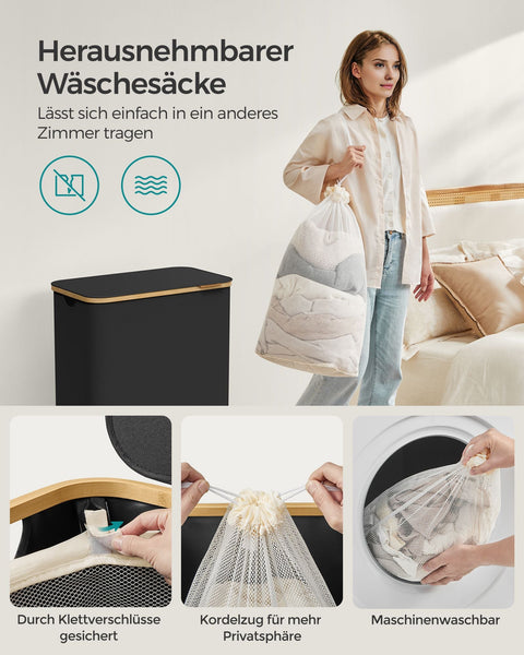 Rootz Portable Folding Laundry Basket - Hamper - Collapsible Storage Bin - 600D Oxford Cloth - Bamboo - Lightweight - Compact - 52cm x 38.5cm x 70.5cm