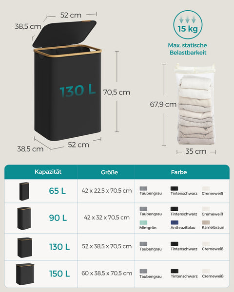 Rootz Portable Folding Laundry Basket - Hamper - Collapsible Storage Bin - 600D Oxford Cloth - Bamboo - Lightweight - Compact - 52cm x 38.5cm x 70.5cm