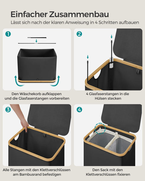 Rootz Portable Folding Laundry Basket - Hamper - Collapsible Storage Bin - 600D Oxford Cloth - Bamboo - Lightweight - Compact - 52cm x 38.5cm x 70.5cm