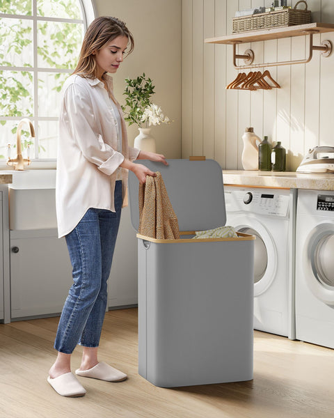 Rootz Dove Gray Laundry Basket - Clothes Hamper - Storage Bin - 600D Oxford Cloth - Bamboo - Fiberglass Rods - Lightweight - Durable - Portable - 52cm x 38.5cm x 70.5cm