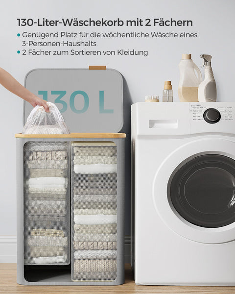 Rootz Dove Gray Laundry Basket - Clothes Hamper - Storage Bin - 600D Oxford Cloth - Bamboo - Fiberglass Rods - Lightweight - Durable - Portable - 52cm x 38.5cm x 70.5cm