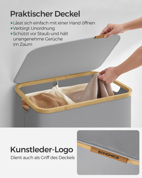 Rootz Dove Gray Laundry Basket - Clothes Hamper - Storage Bin - 600D Oxford Cloth - Bamboo - Fiberglass Rods - Lightweight - Durable - Portable - 52cm x 38.5cm x 70.5cm