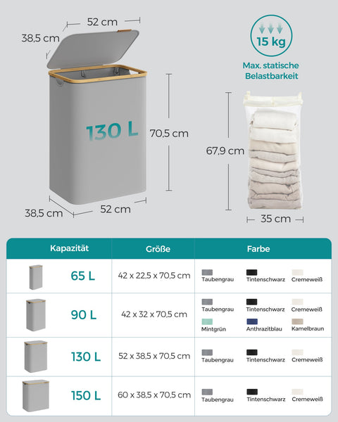 Rootz Dove Gray Laundry Basket - Clothes Hamper - Storage Bin - 600D Oxford Cloth - Bamboo - Fiberglass Rods - Lightweight - Durable - Portable - 52cm x 38.5cm x 70.5cm