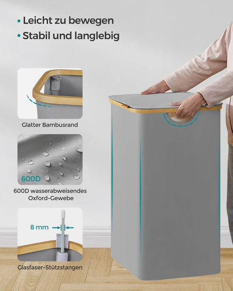 Rootz Dove Gray Laundry Basket - Clothes Hamper - Storage Bin - 600D Oxford Cloth - Bamboo - Fiberglass Rods - Lightweight - Durable - Portable - 52cm x 38.5cm x 70.5cm