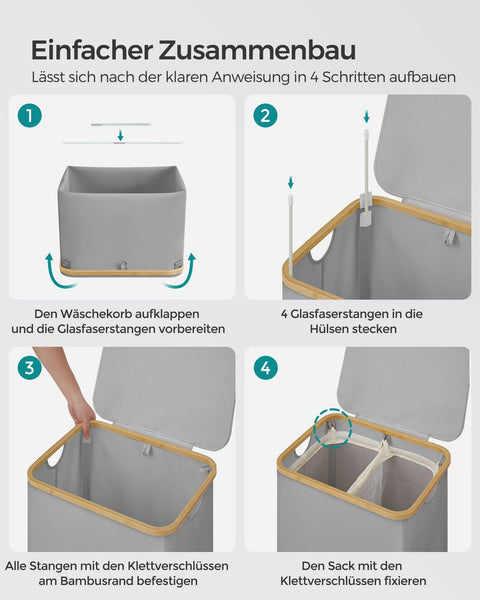 Rootz Dove Gray Laundry Basket - Clothes Hamper - Storage Bin - 600D Oxford Cloth - Bamboo - Fiberglass Rods - Lightweight - Durable - Portable - 52cm x 38.5cm x 70.5cm