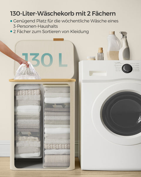 Rootz Laundry Basket - Hamper - Dual Compartment Organizer - White Lid - 60cm x 40cm x 50cm