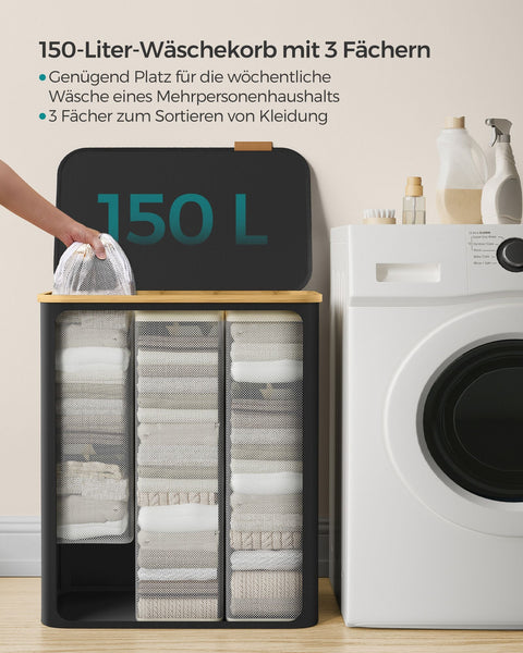 Rootz Portable Folding Laundry Basket - Hamper - Collapsible Storage Bin - 600D Oxford Cloth - Bamboo - Lightweight - Compact - 60cm x 38.5cm x 70.5cm