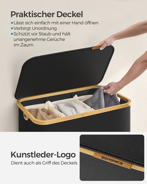 Rootz Portable Folding Laundry Basket - Hamper - Collapsible Storage Bin - 600D Oxford Cloth - Bamboo - Lightweight - Compact - 60cm x 38.5cm x 70.5cm