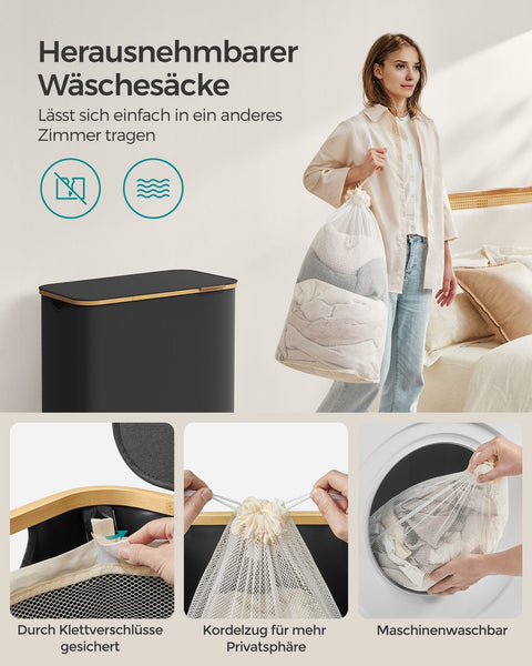 Rootz Portable Folding Laundry Basket - Hamper - Collapsible Storage Bin - 600D Oxford Cloth - Bamboo - Lightweight - Compact - 60cm x 38.5cm x 70.5cm