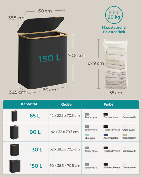 Rootz Portable Folding Laundry Basket - Hamper - Collapsible Storage Bin - 600D Oxford Cloth - Bamboo - Lightweight - Compact - 60cm x 38.5cm x 70.5cm