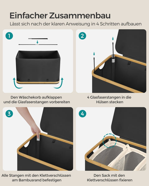 Rootz Portable Folding Laundry Basket - Hamper - Collapsible Storage Bin - 600D Oxford Cloth - Bamboo - Lightweight - Compact - 60cm x 38.5cm x 70.5cm