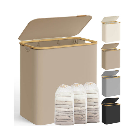 Rootz 150L Laundry Basket - Clothes Hamper - Storage Bin - 3 Compartments - Organize Efficiently - 60x38.5x70.5cm - Brown