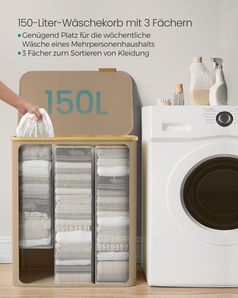Rootz 150L Laundry Basket - Clothes Hamper - Storage Bin - 3 Compartments - Organize Efficiently - 60x38.5x70.5cm - Brown