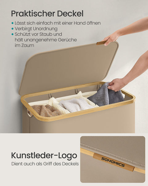 Rootz 150L Laundry Basket - Clothes Hamper - Storage Bin - 3 Compartments - Organize Efficiently - 60x38.5x70.5cm - Brown