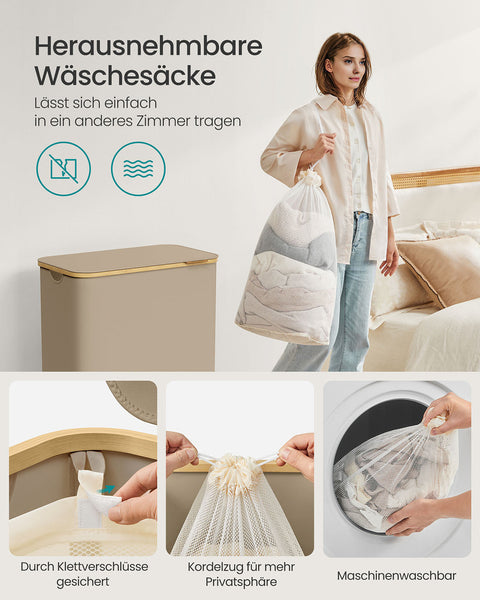 Rootz 150L Laundry Basket - Clothes Hamper - Storage Bin - 3 Compartments - Organize Efficiently - 60x38.5x70.5cm - Brown