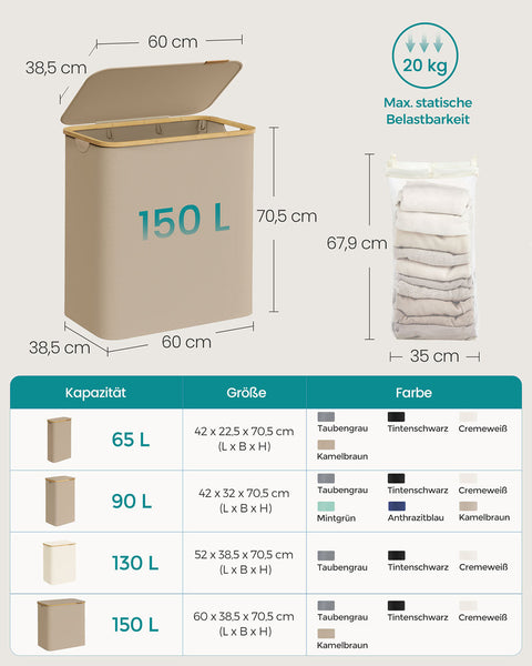 Rootz 150L Laundry Basket - Clothes Hamper - Storage Bin - 3 Compartments - Organize Efficiently - 60x38.5x70.5cm - Brown