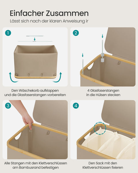 Rootz 150L Laundry Basket - Clothes Hamper - Storage Bin - 3 Compartments - Organize Efficiently - 60x38.5x70.5cm - Brown