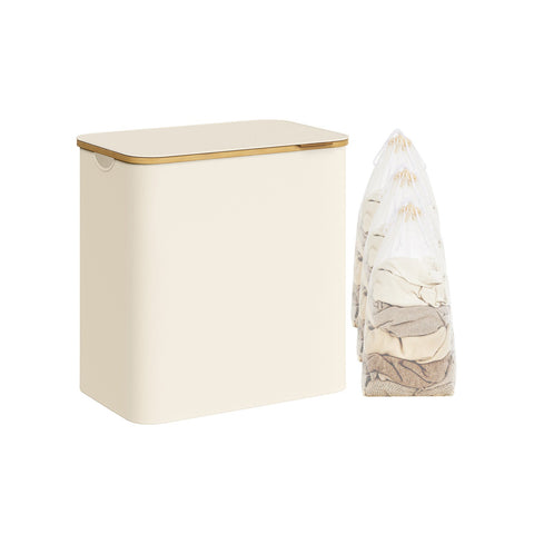 Rootz Portable Cream White Folding Laundry Basket - Hamper - Collapsible Storage Bin - 600D Oxford Cloth - Bamboo - Fiberglass Rods - Lightweight - Durable - Space-saving - 60cm x 38.5cm x 70.5cm