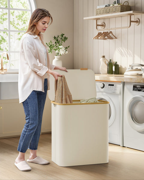 Rootz Portable Cream White Folding Laundry Basket - Hamper - Collapsible Storage Bin - 600D Oxford Cloth - Bamboo - Fiberglass Rods - Lightweight - Durable - Space-saving - 60cm x 38.5cm x 70.5cm