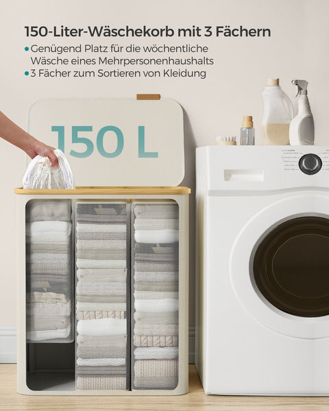 Rootz Portable Cream White Folding Laundry Basket - Hamper - Collapsible Storage Bin - 600D Oxford Cloth - Bamboo - Fiberglass Rods - Lightweight - Durable - Space-saving - 60cm x 38.5cm x 70.5cm