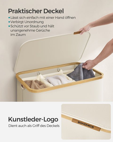 Rootz Portable Cream White Folding Laundry Basket - Hamper - Collapsible Storage Bin - 600D Oxford Cloth - Bamboo - Fiberglass Rods - Lightweight - Durable - Space-saving - 60cm x 38.5cm x 70.5cm