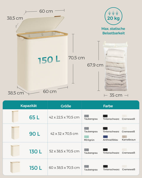 Rootz Portable Cream White Folding Laundry Basket - Hamper - Collapsible Storage Bin - 600D Oxford Cloth - Bamboo - Fiberglass Rods - Lightweight - Durable - Space-saving - 60cm x 38.5cm x 70.5cm