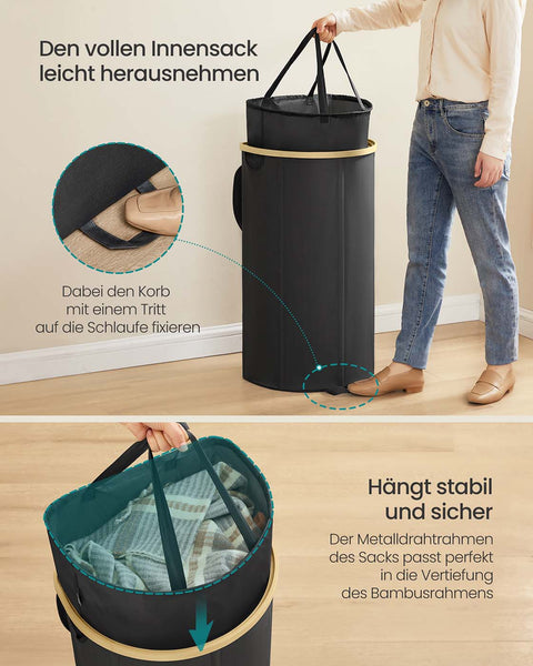 Rootz Black Laundry Basket - Clothes Hamper - Storage Bin - Durable Oxford Fabric - 42.5cm x 32.5cm x 75cm