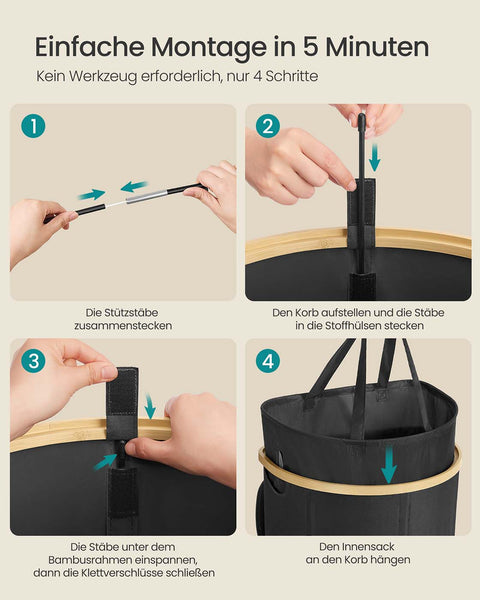 Rootz Black Laundry Basket - Clothes Hamper - Storage Bin - Durable Oxford Fabric - 42.5cm x 32.5cm x 75cm