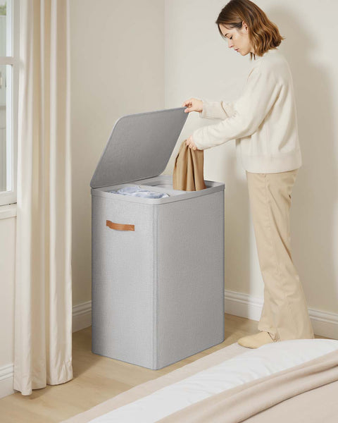 Rootz Laundry Basket with 2 Compartments - Hamper - Clothes Organizer - Sturdy Design - 56 x 40 x 75 cm -  Grey