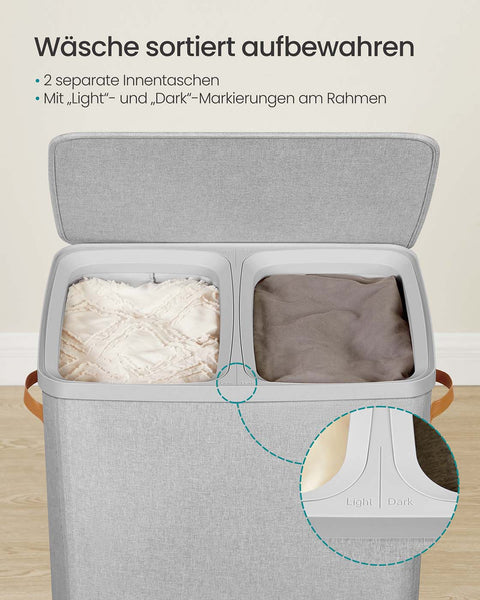 Rootz Laundry Basket with 2 Compartments - Hamper - Clothes Organizer - Sturdy Design - 56 x 40 x 75 cm -  Grey