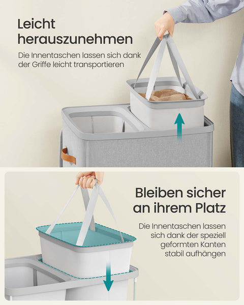 Rootz Laundry Basket with 2 Compartments - Hamper - Clothes Organizer - Sturdy Design - 56 x 40 x 75 cm -  Grey