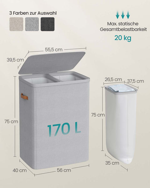 Rootz Laundry Basket with 2 Compartments - Hamper - Clothes Organizer - Sturdy Design - 56 x 40 x 75 cm -  Grey