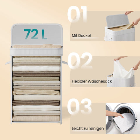 Rootz Bamboo Laundry Basket - Clothes Hamper - Storage Bin - Durable & Lightweight - White - 31.5cm x 42.5cm x 61cm