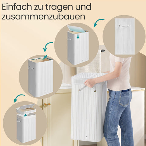 Rootz Bamboo Laundry Basket - Clothes Hamper - Storage Bin - Durable & Lightweight - White - 31.5cm x 42.5cm x 61cm