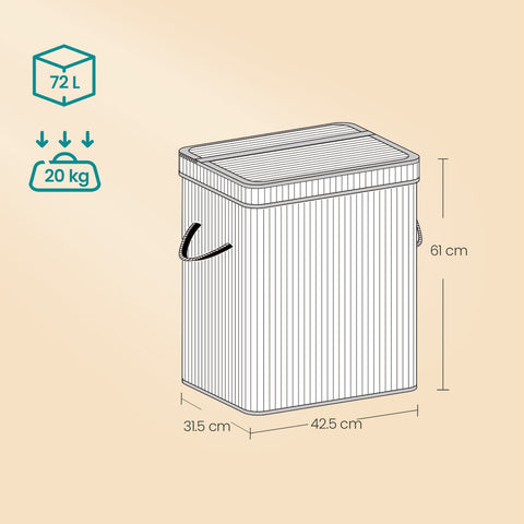 Rootz Bamboo Laundry Basket - Clothes Hamper - Storage Bin - Durable & Lightweight - White - 31.5cm x 42.5cm x 61cm