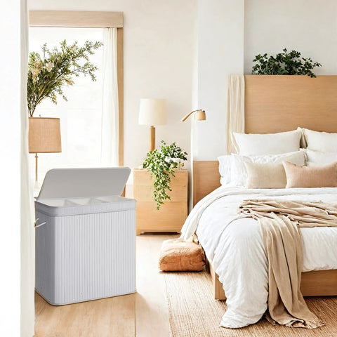 Rootz White Bamboo Laundry Basket - Washing Hamper - Storage Bin - Eco-Friendly - 54.5cm x 34.5cm x 61cm