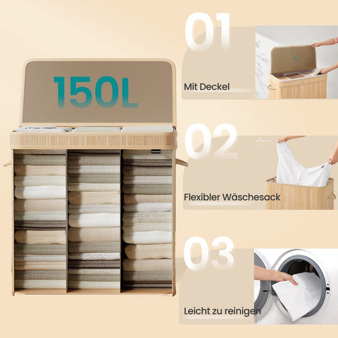 Rootz Laundry Basket with Lid - Bamboo Laundry Collector - Laundry Hamper - Removable & Washable Bag - 41.5 x 62.5 x 61 cm