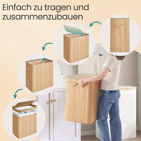 Rootz Laundry Basket with Lid - Bamboo Laundry Collector - Laundry Hamper - Removable & Washable Bag - 41.5 x 62.5 x 61 cm