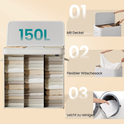 Rootz Laundry Basket with Lid - Laundry Collector Bamboo - Laundry Bag with Handles - Machine Washable - 41.5 x 62.5 x 61 cm