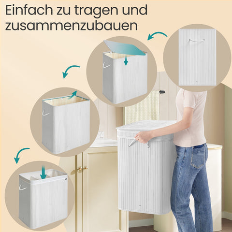 Rootz Laundry Basket with Lid - Laundry Collector Bamboo - Laundry Bag with Handles - Machine Washable - 41.5 x 62.5 x 61 cm