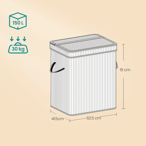 Rootz Laundry Basket with Lid - Laundry Collector Bamboo - Laundry Bag with Handles - Machine Washable - 41.5 x 62.5 x 61 cm